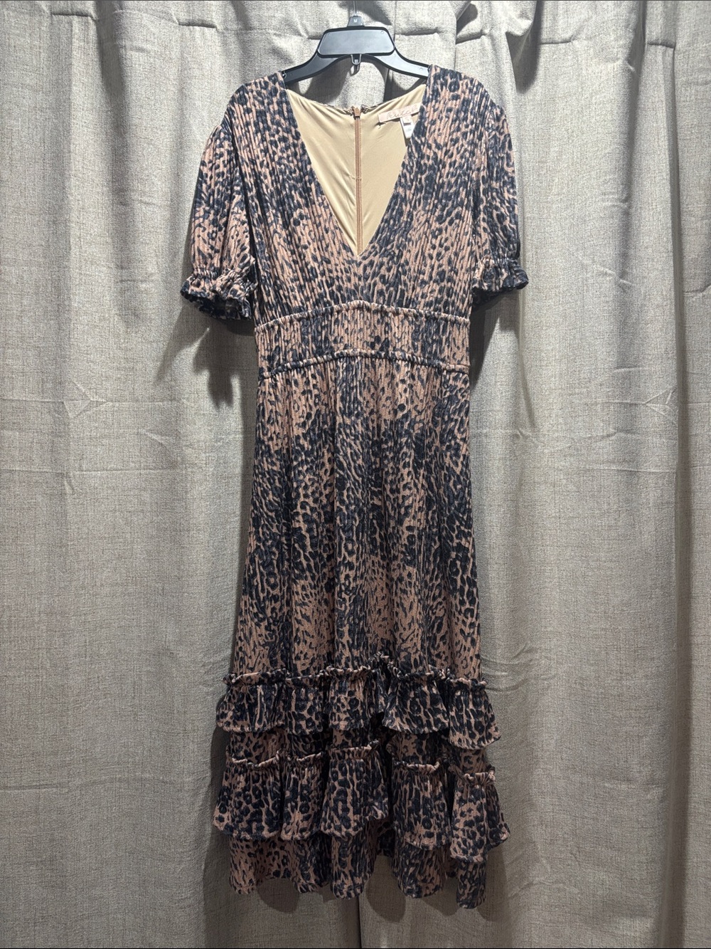 V-Neck Leopard Print Ruffle Midi Dress - Navy & Brown